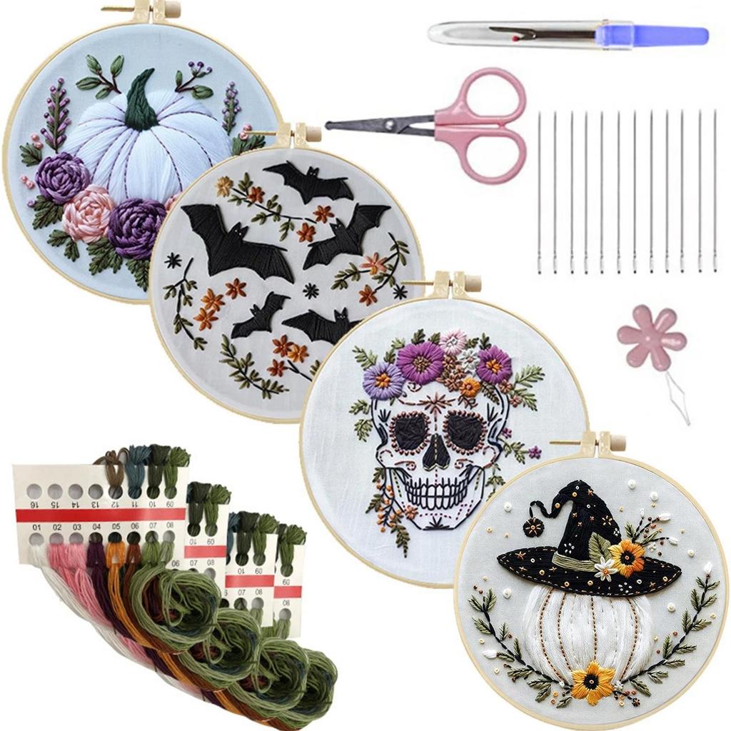 4pcs Stamped Cross Stitch Kits with Embroidery Hoop Needles Threads Instruction Embroidery Kit Cross Stitch Set for Beginners