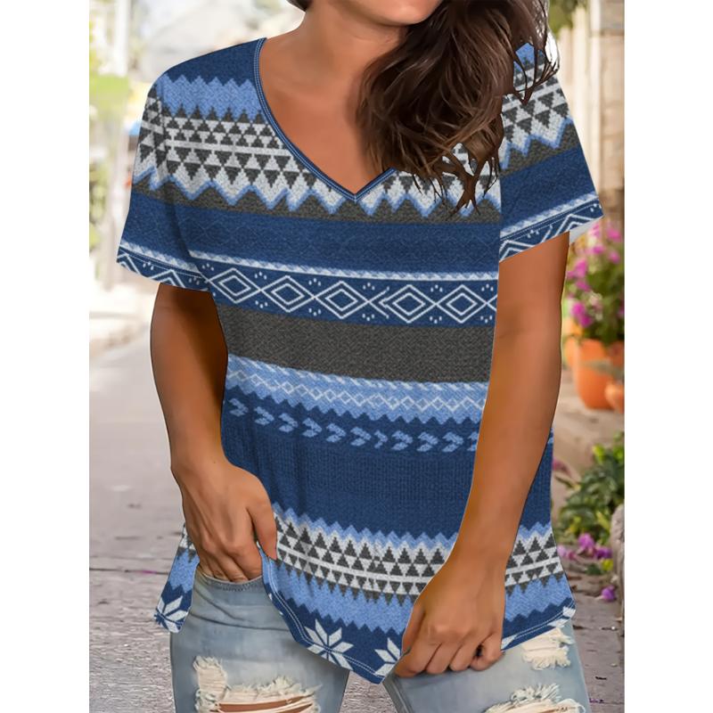 Fashionable women s V-neck short-sleeve 3D casual color-printed casual short-sleeve V-neck T-shirt S
