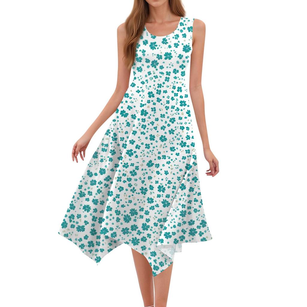 Lässiges, modisches Damen-Midikleid mit Rundhalsausschnitt, ärmellos, Blumendruck, unregelmäßiger Saum