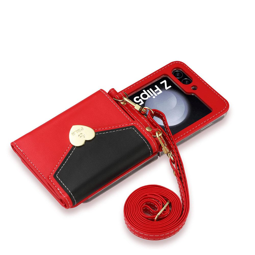 For Galaxy Z Flip 6 Case Dual Color Love Heart Crossbody Wallet Cards Slot Case For Samsung Galazy Z Flip 5 Flip 6 4 3 Cover