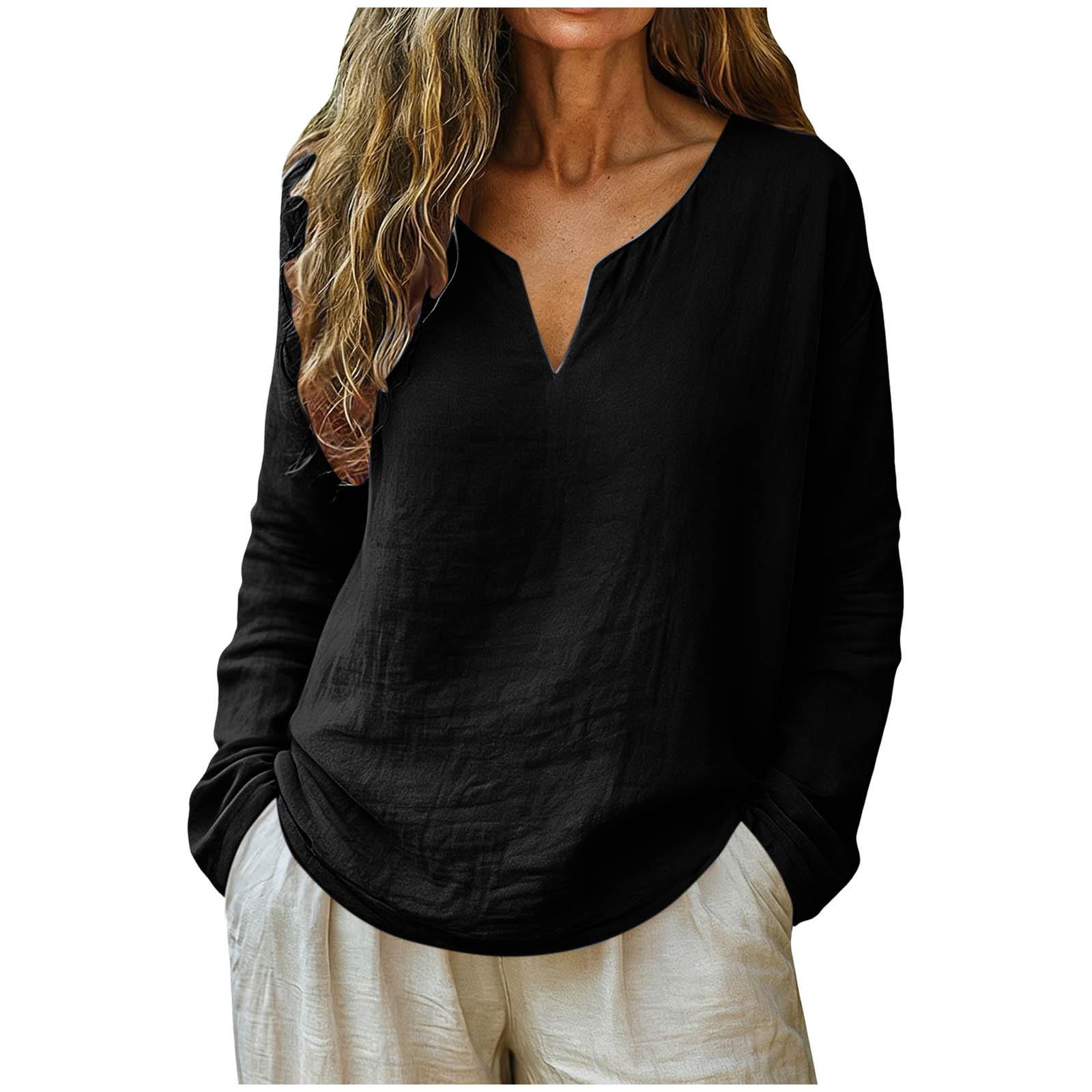 Women s Fashionable Loose-Fit -Color Cotton-Linen V-Neck Long-Sleeve Shirt L чёрный