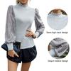 Womens Long Sleeve Tops Mock Neck Sequins Puff Sleeve Patchwork Blouses Solid Color Slim Fit Casual T Shirts