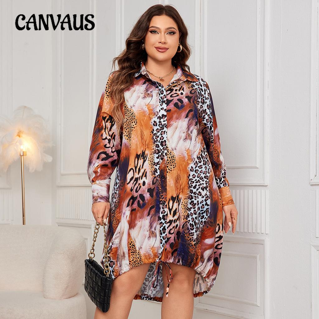 Polo Neck Long Dress Leopard Printed Shirt Neck Long Sleeve Plus Size Women's Fashion Dress