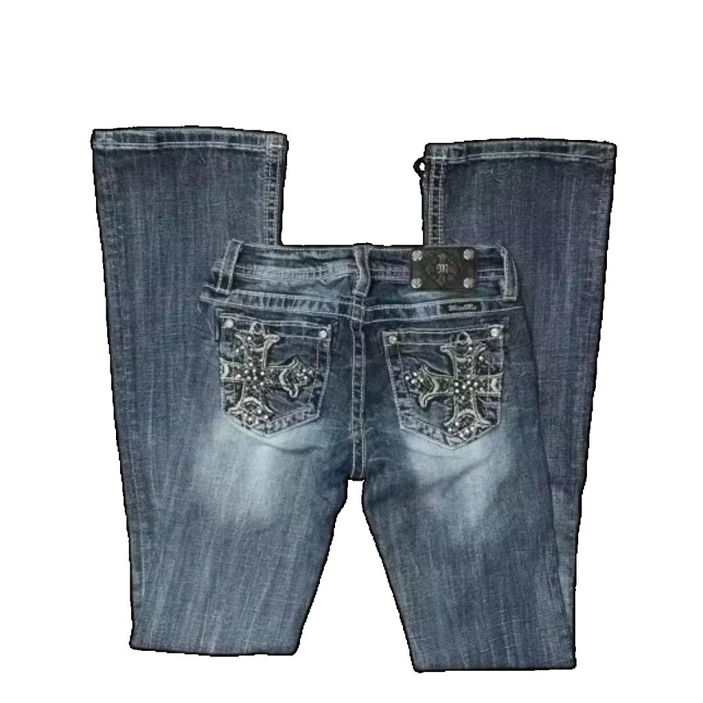 ZYLLO Y2k American Pocket Embroidered Sequin Jeans Harajuku Retro Blue Loose Jeans New Fashionable High Waisted Slim Fit Flared Pants