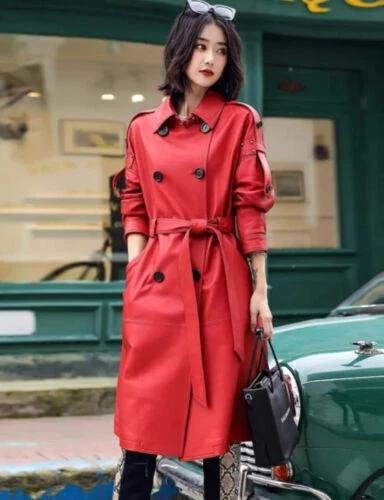Handmade Leather Stylish Red Long Women's Trench Coat Genuine Soft Lambskin