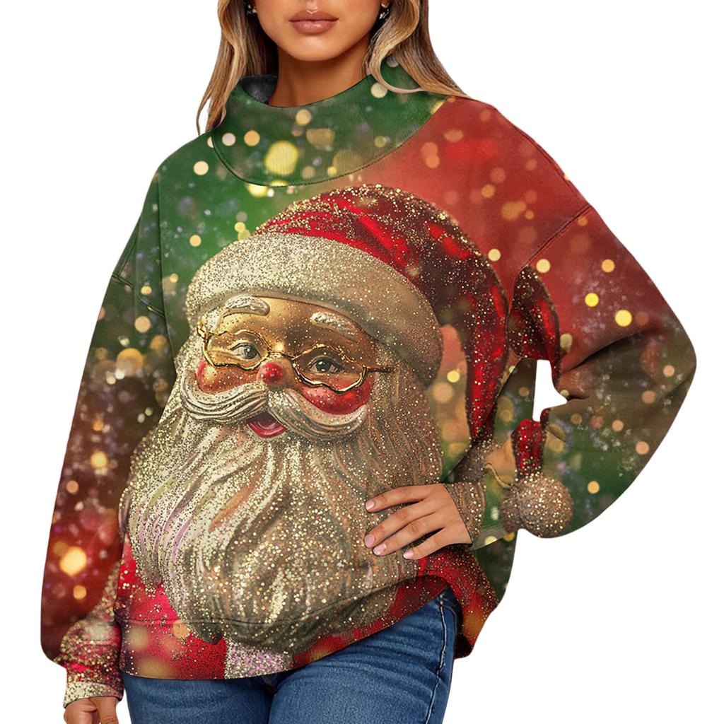Ladies' Fashionable Christmas Printed Long Sleeved High Neck Sweatshirt Top