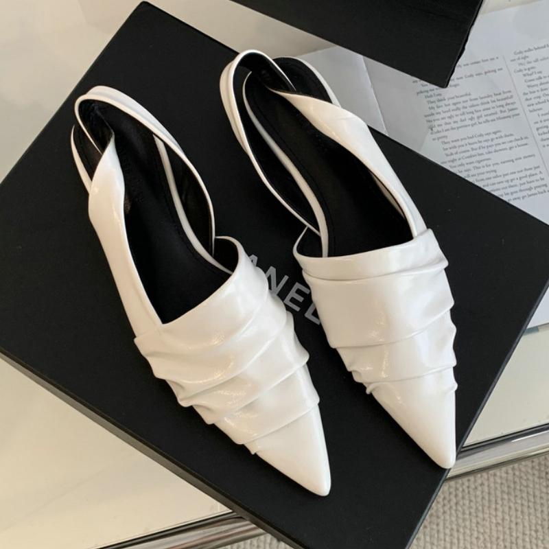 

Элегантные плиссированные туфли-лодочки с острым носком 2025 лето женские сексуальные босоножки без задника неглубокие модные офисные дизайнерские брендовые туфли для дам 35 белый