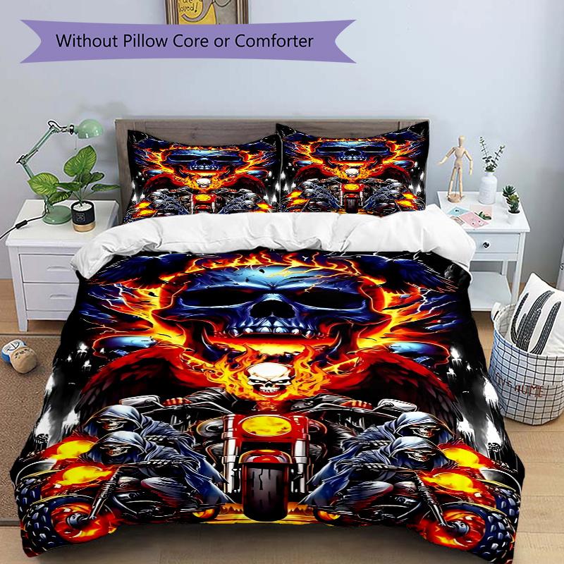 

3pcs Ghost Rider Motorcycle Skull Decorative Bedding Set - Includes One Quilt Cover and Two Pillowcases (No Core) - Anime Cartoon Design for Bedroom a 135x200cm
