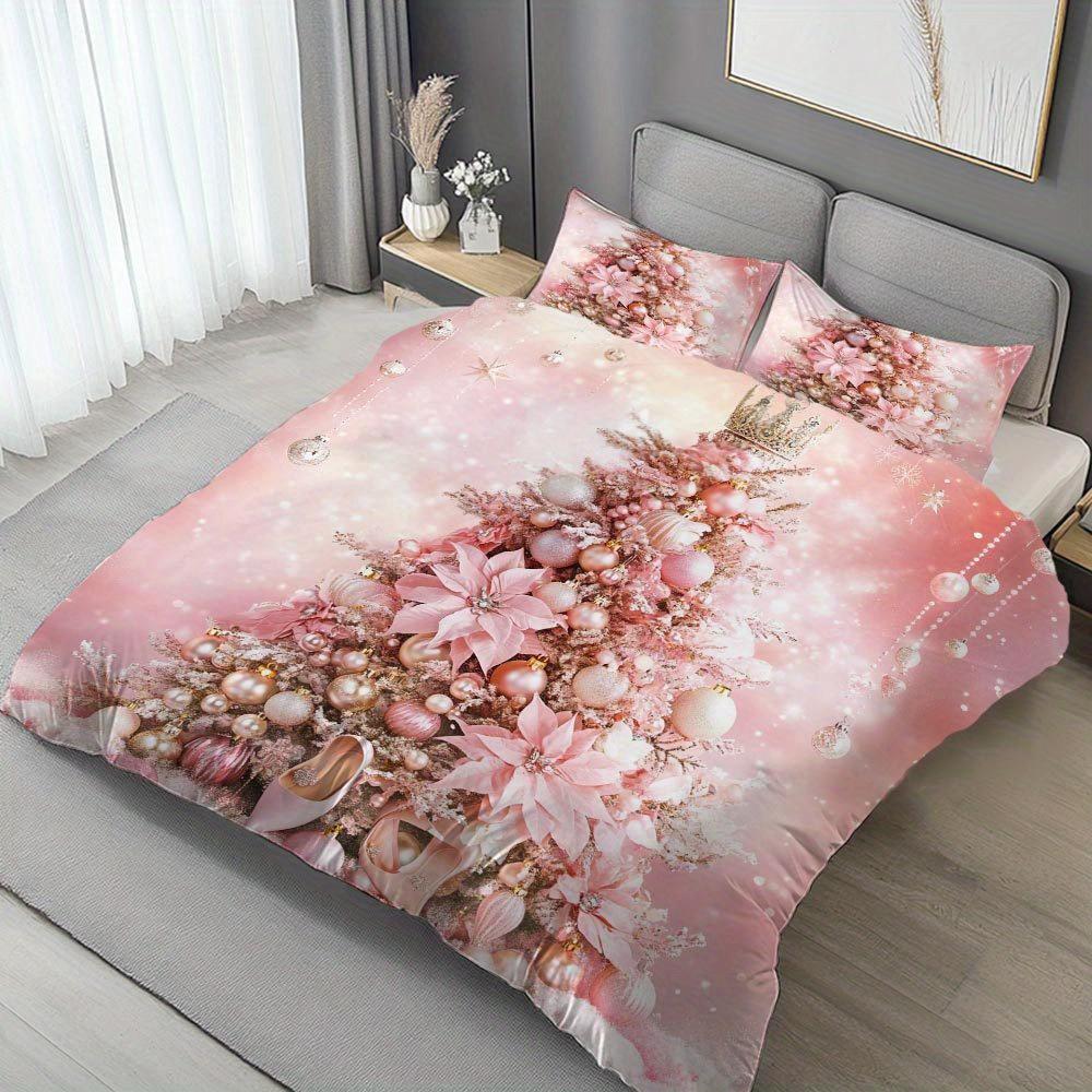 2/3-teiliges Rosa Weihnachtsbaum-Muster Bettbezug-Set Rosa Weihnachtsstern Ornament Bettdecken-Set Festliches Und Elegantes Bettwäsche-Set