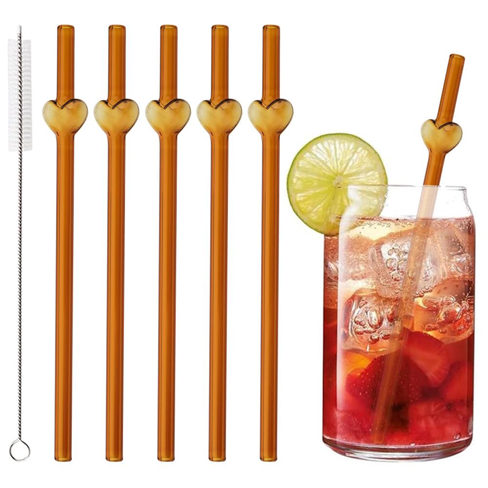 5Pcs Glass Straws Reusable Cute Heart Glass Straws 7.8 In*8mm Red Eco-friendly Glass Straws with 1 Cleaning Brush