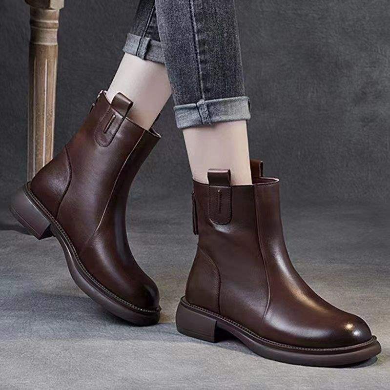 Короткие женские ботинки 2026 Весна и Осень новый стиль Британский стиль низкий каблук кожаные ботинки Челси ретро 35