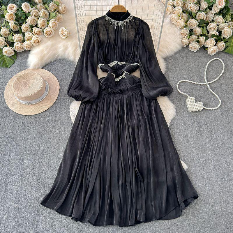 

Весенняя одежда 2024 Новое поступление Французский шикарный Классический стиль Западный стиль Платье длинное с бриллиантовой кисточкой, плиссированное и с талией Тренд Black M