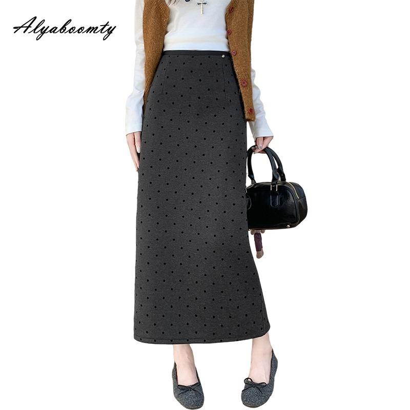 Korean Style Autumn Winter Women Straight Skirt High Waist Gray Black Polka Dot Woolen Split Skirt Thick Warm Fleece Midi Wool Skirts Womens