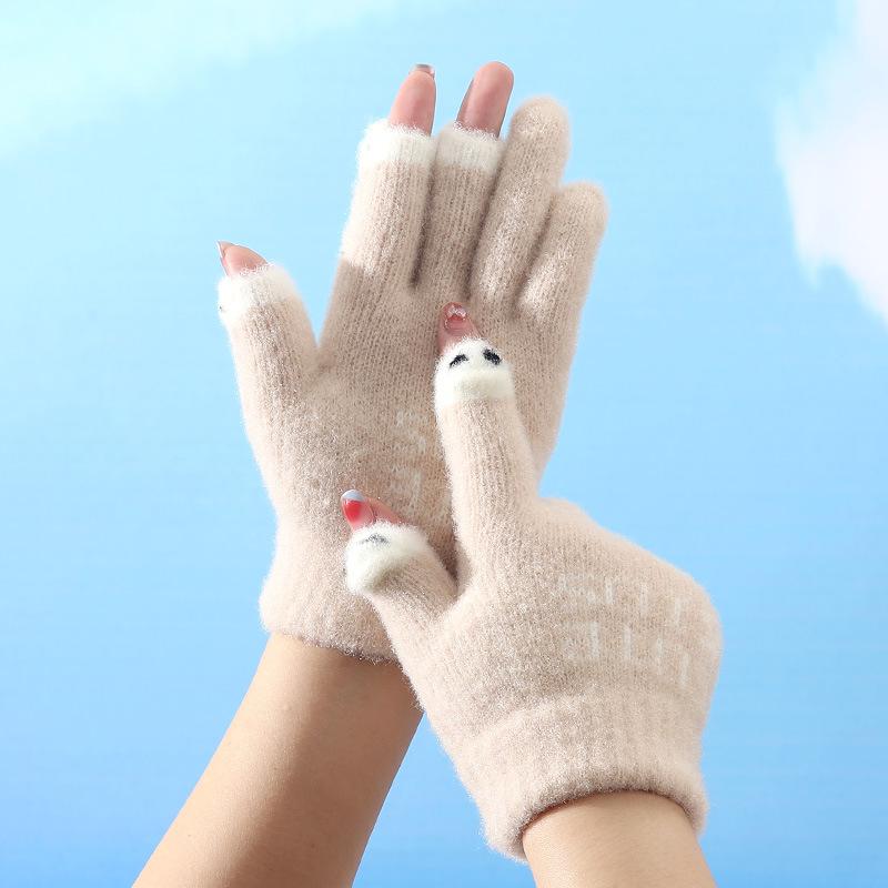 Winter Cartoon Cute Parent Child Gloves Riding Knitted Warm and Cold Baby Leaking Finger Gloves Yarn Thickened Gloves