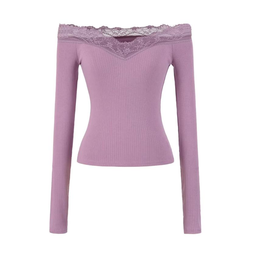 Lace One-word Shoulder Long-sleeved T-shirt Women's Spring and Summer New American Spice Girl Solid Color Splicing Bottoming Shirt Top
