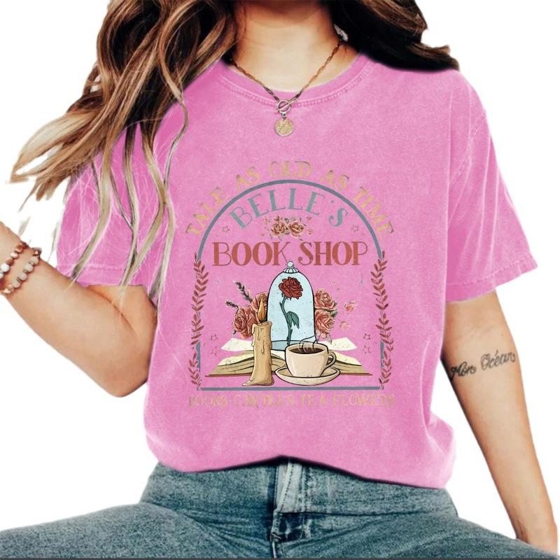 Camiseta Feminina de Verão com Gola Redonda, Respirável, de Manga Curta, Lavada e Envelhecida