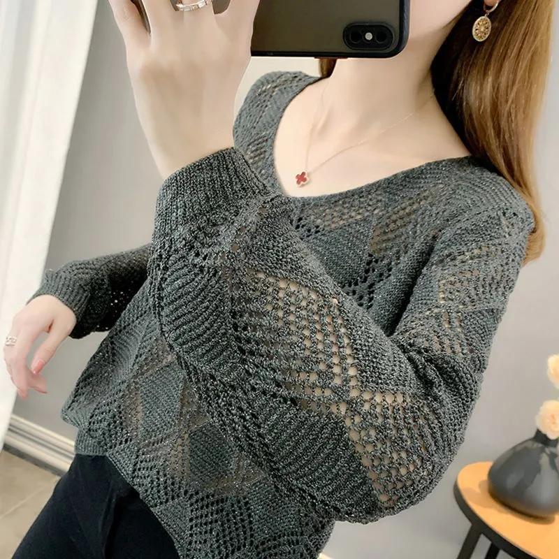 Women's Spring and Summer Loose-Fit V-Neck Long Sleeve Hollow Out Top Thin Pullover Knit Base Layer Sweater