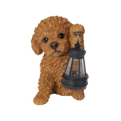 Ubia Pudel mit Solarleuchte in der linken Pfote, Rot, 15 x 10 x 16 cm, Puppe Figur, Tierfigur, Gartendekoration, Hund, H24094-1