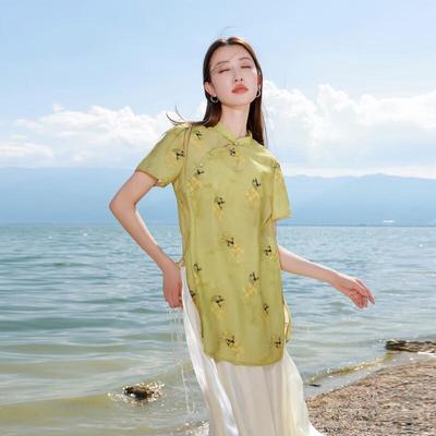 Sancai Übergröße Chinesischer Stil Florale Kurzarmbluse
