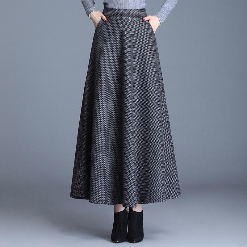 Women's Autumn and Winter Woolen Skirt Women's Plaid Printed Large Skirt Elastic Waist Pocket Long Skirt Women