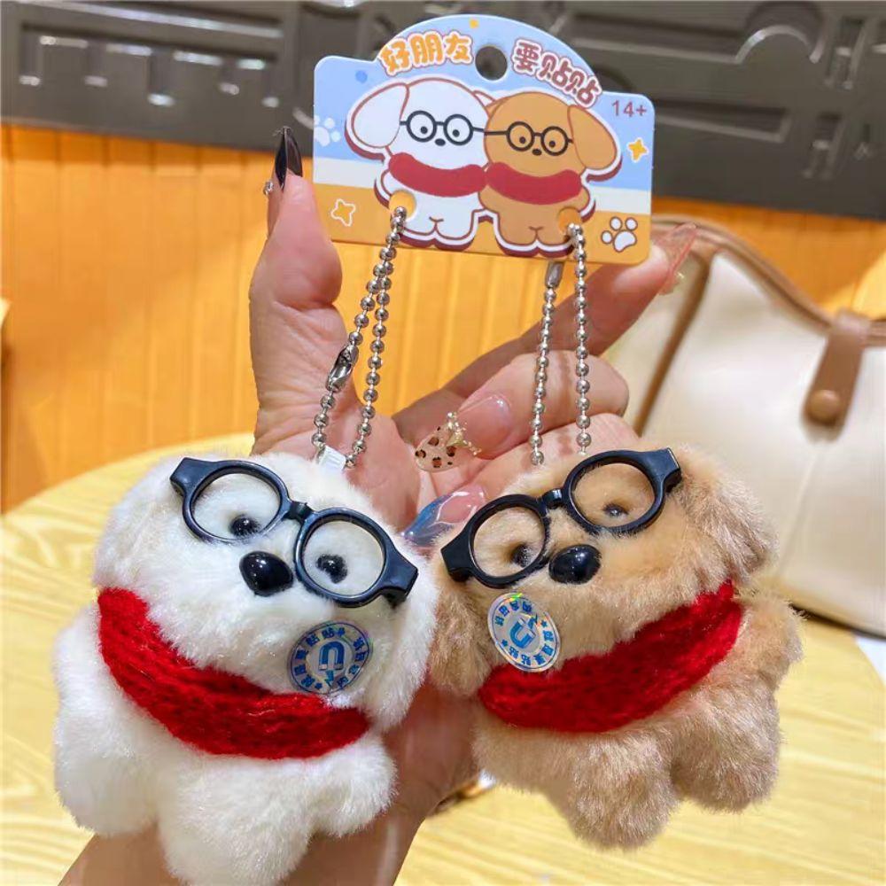 2Pcs Bag Hanging Collar Glasses Dog Pendant Cartoon Magnetic Dog Keychain Plush Doll Keychain  Gifts