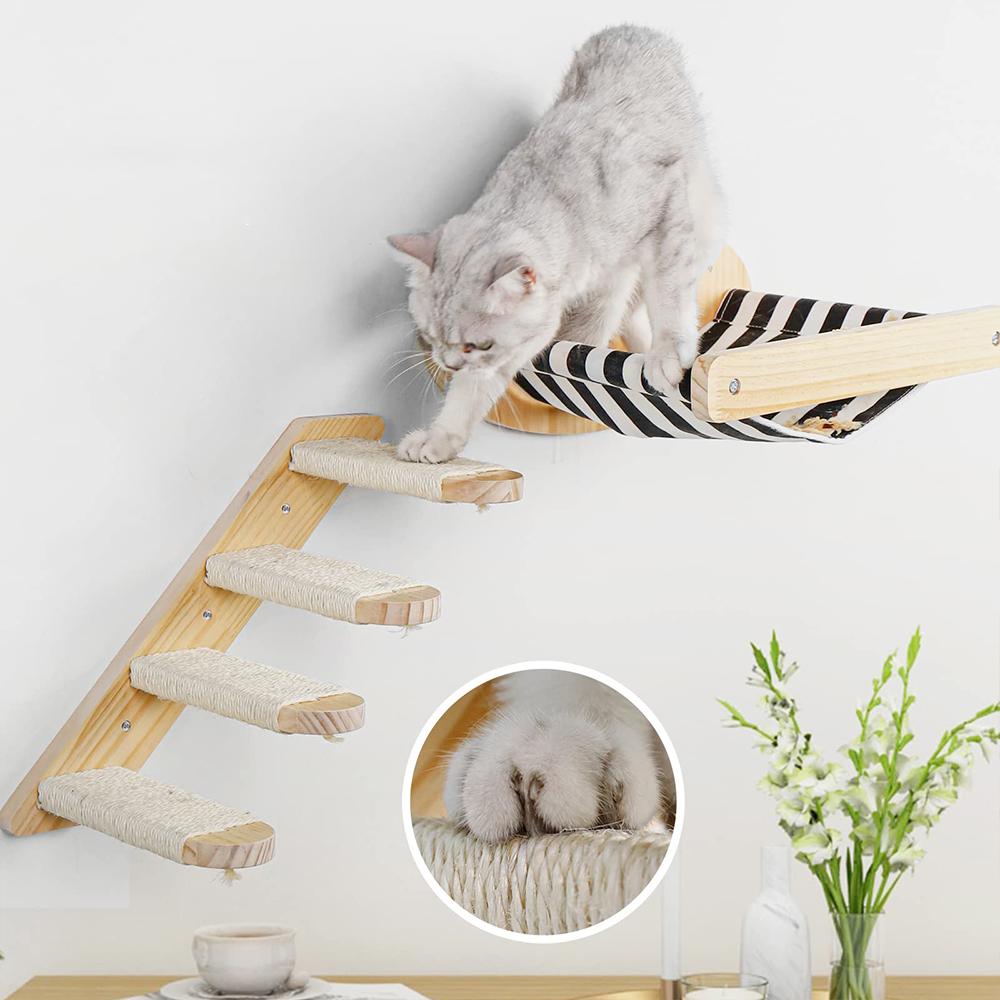 3Pcs Cat Hammock with Four Step Sisal Stairways or Scratching Posts Set Wall Mounted Wooden Cats Furniture Climbing Shelf Perch