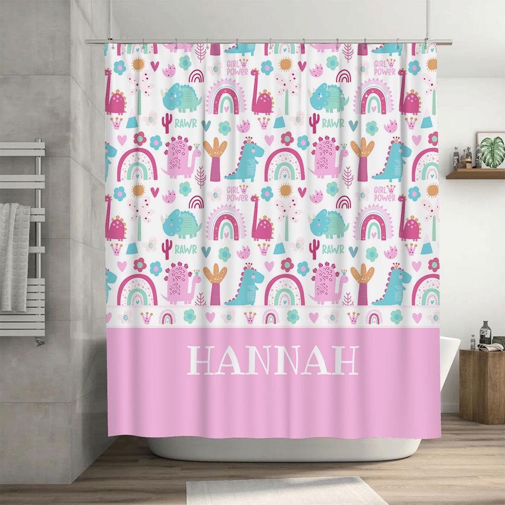 Unicorn Dinosaur Shower Curtain For Kids Bathroom Decor Girls Pink Rainbow Colors Custom Name Print Waterproof Fabr