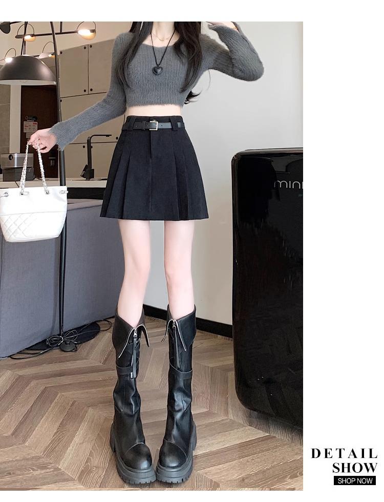 Women's High Waist Khaki Corduroy A-Line Mini Skirt - Petite Slimming Pleated Design for Autumn/Winter 2024