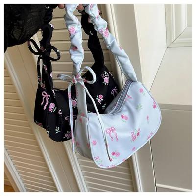 Damen-Taschen 2026 Sommer Canvas Plissierte Handtaschen Achseltasche Koreanisch Floral Schleife Bedruckt Reißverschluss Tragetasche Damen Kleine Umhängetasche