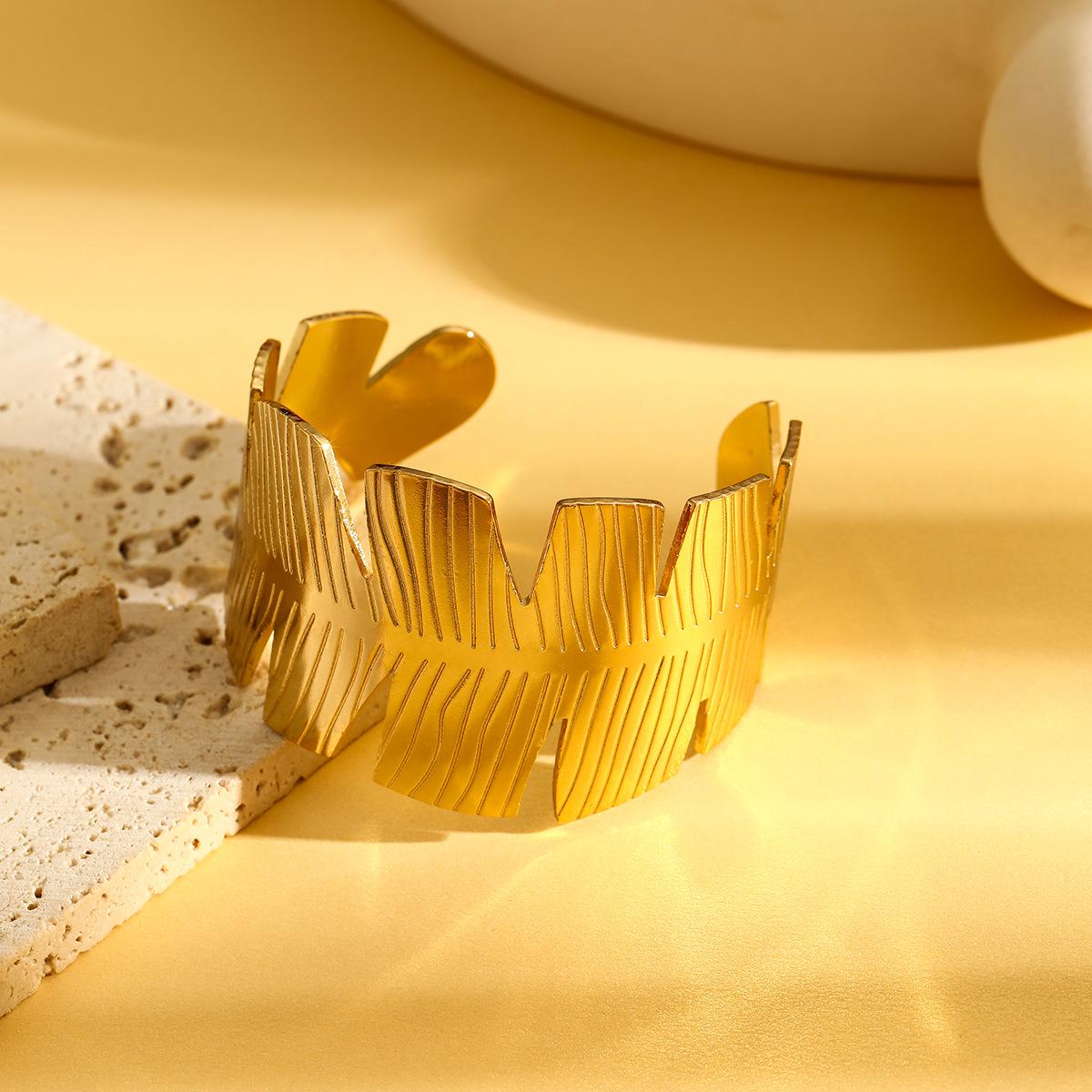 Geometric Patchwork Stainless Steel Open Bangle with Unique Lava Water Ripple Design