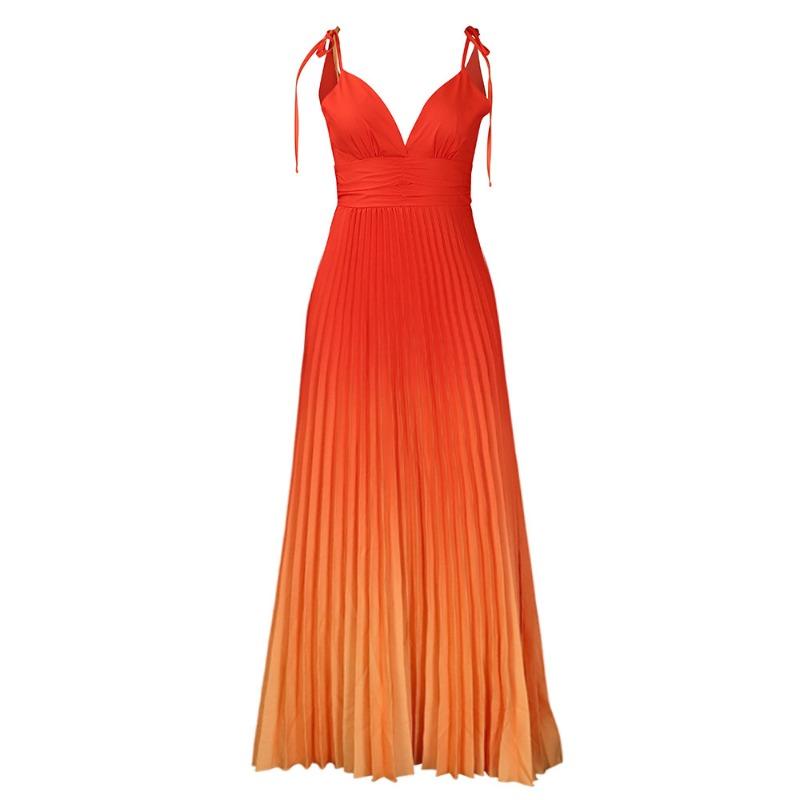 Plus Size Women V Neck Sexy High Waist Gradient Pleated Long Evening Dress