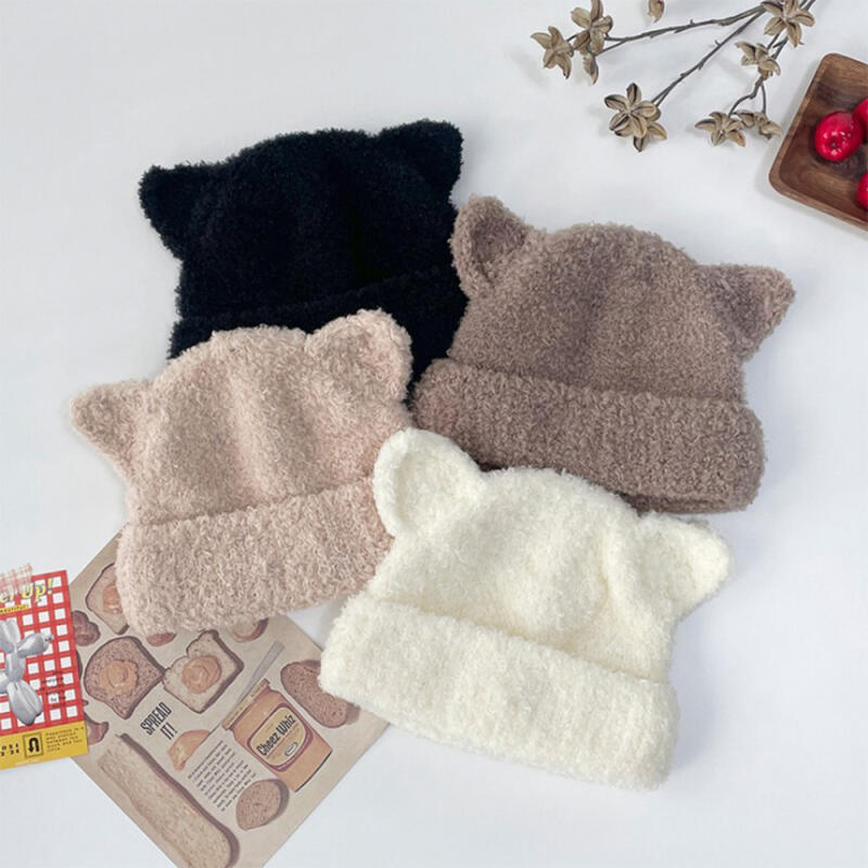 Cute animal ear fur beanie hat for girls C6522_Ivory
