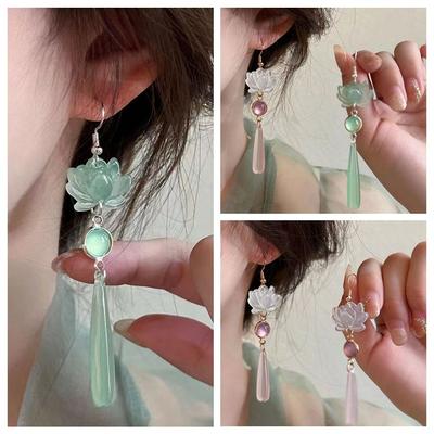 Retro Lotus Pendant Ear Hooks Elegant Lotus Water Drop Earrings Chinese Classic Earrings  Girl