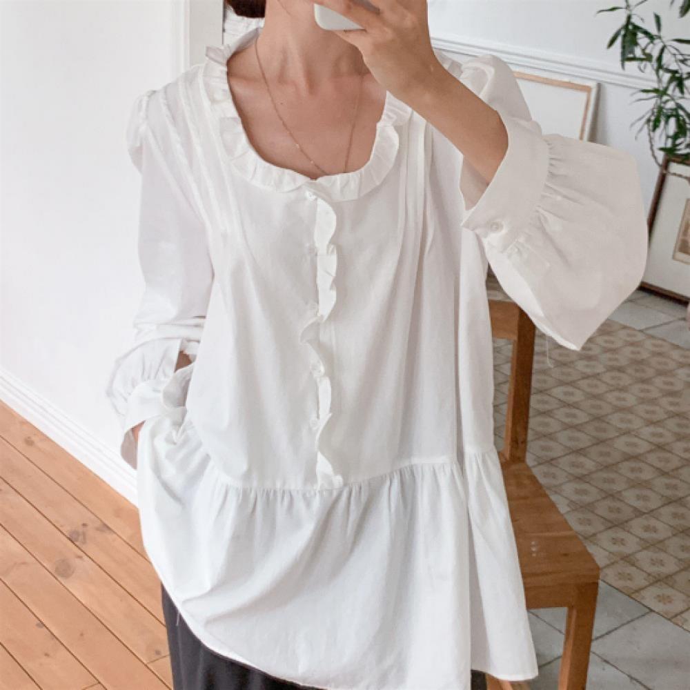 New Arrivals Open RUn Women U Neck Frill pUff Big Size Cotton bloUse