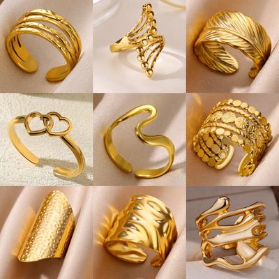 Stainless Steel Multi-Layer Hollow Ring For Women Men Gold Color Broad Surface Finger Jewelry Anillos Couple Wedding Flower Gift