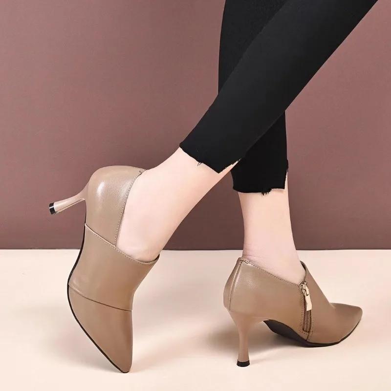 2025 Spring New Pointed Toe Deep Mouth Soft Leather Soft Sole Versatile Non-slip Work Single Shoes High Heels