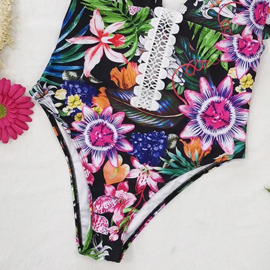 Women Monokini High Waist Backless Colorful Flower Print Deep V Neck
