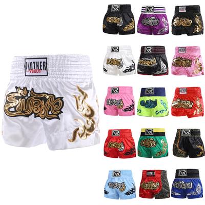 Shorts de boxe de treinamento de muay thai adulto e infantil, shorts de couro revestidos e bordados