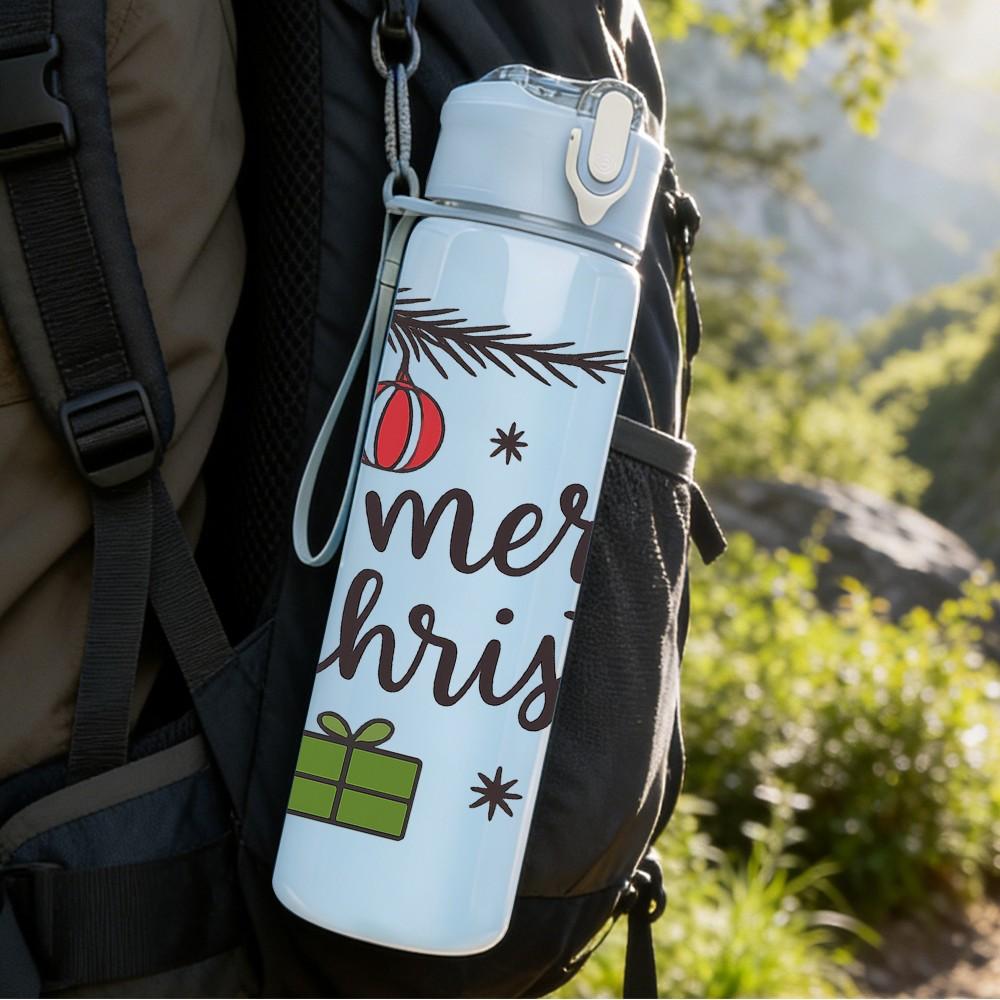 1PC Merry Christmas Gift Pattern 750ml Color Plastic Sports Water Bottle Leakproof Flip Straw Lid Suitable for Sports Office Home Use