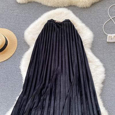 2025 Korean Style High Waist Pleated Velvet Skirt Versatile Hip Covering Thin Medium And Long A-Line Skirt