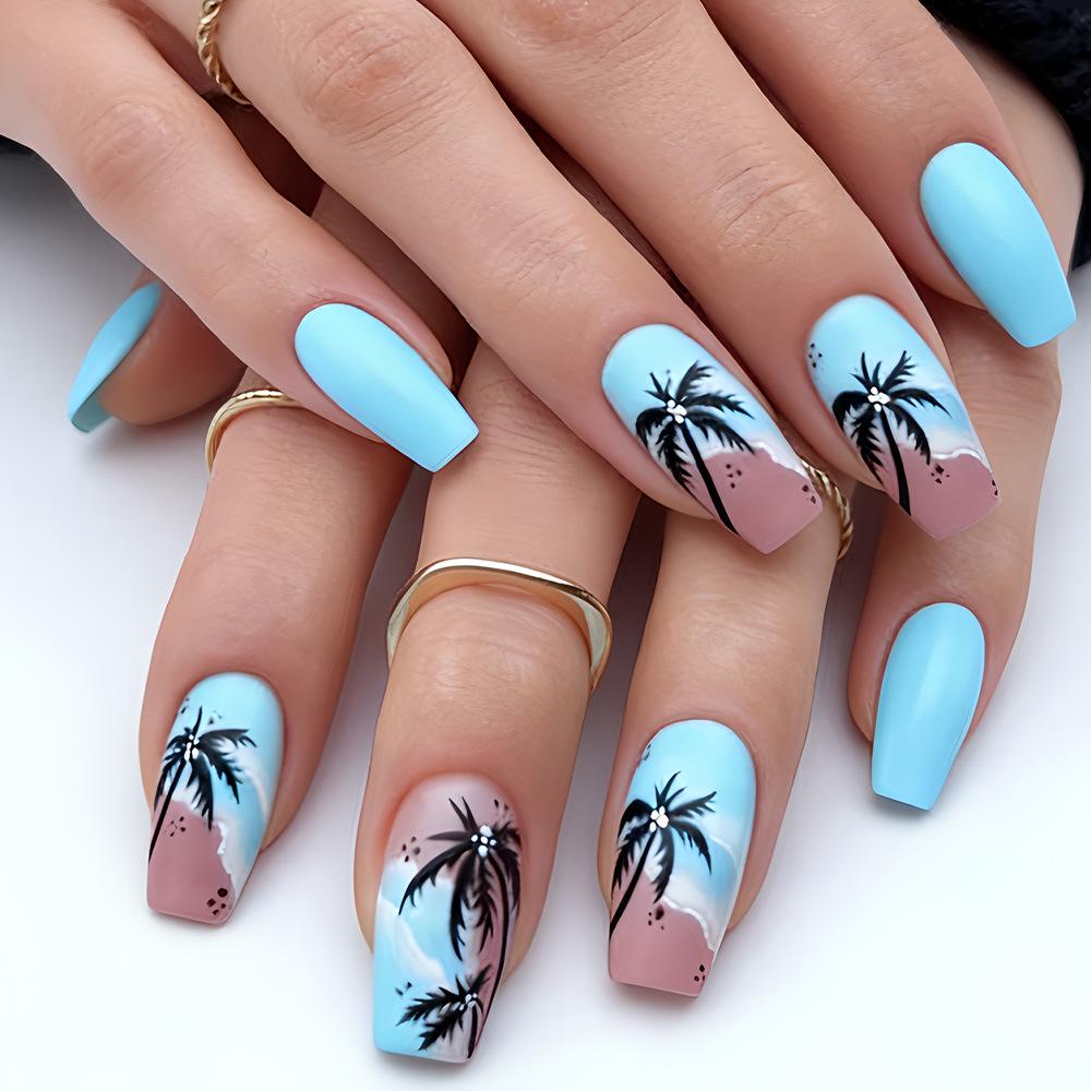 24-Piece Detachable Almond-Shaped Purple Flower Nude Nails - Spring/Summer Collection