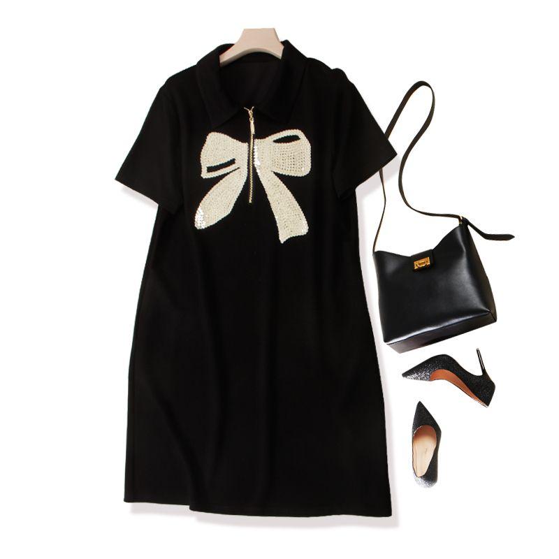 

Meet Youth! Women s Bows Embroidered Sequin Short Sleeve Peter Pan Collar Front Zipper Easy to Wear Breathable Dress Summer Black 4XL