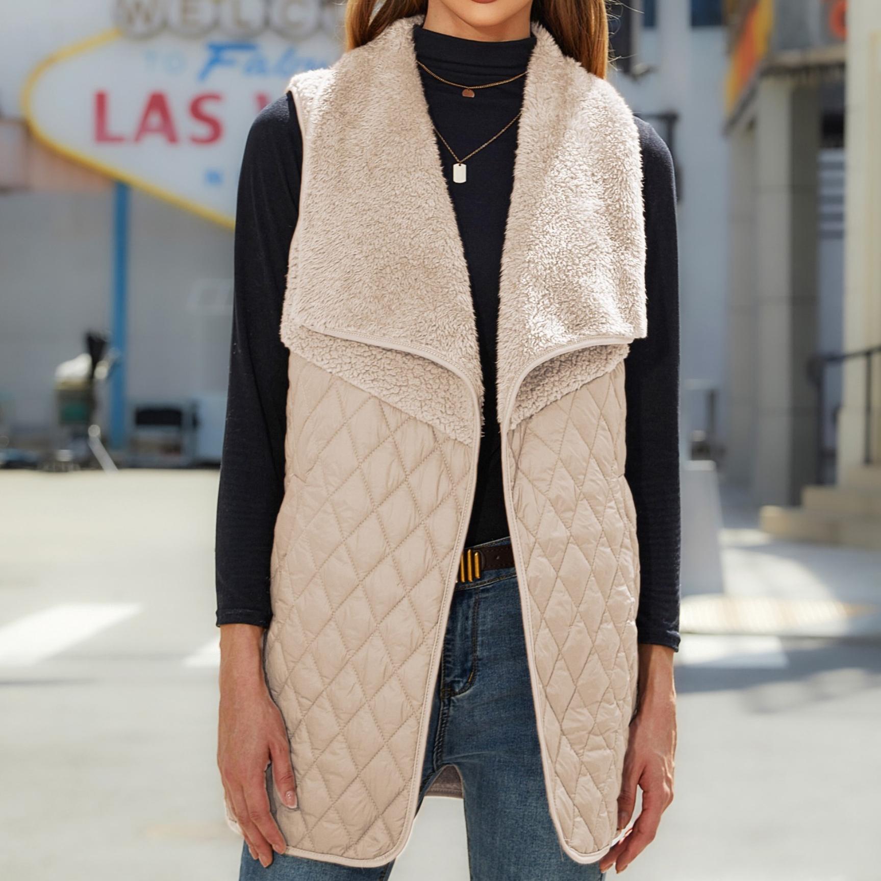 

GMXIA Мерцающий женский осенний модный кардиган из плюша в стиле пэчворк без рукавов, жилет для женщин XXL абрикосовый