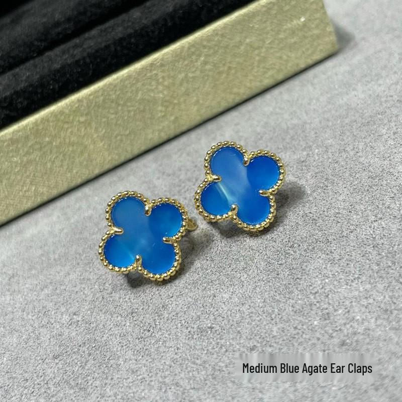 High-Version 18K Rose Gold Earrings: Four-Leaf Clover with White Mother-of-Pearl & Red Agate - Fashionable, Luxurious, INS Style.