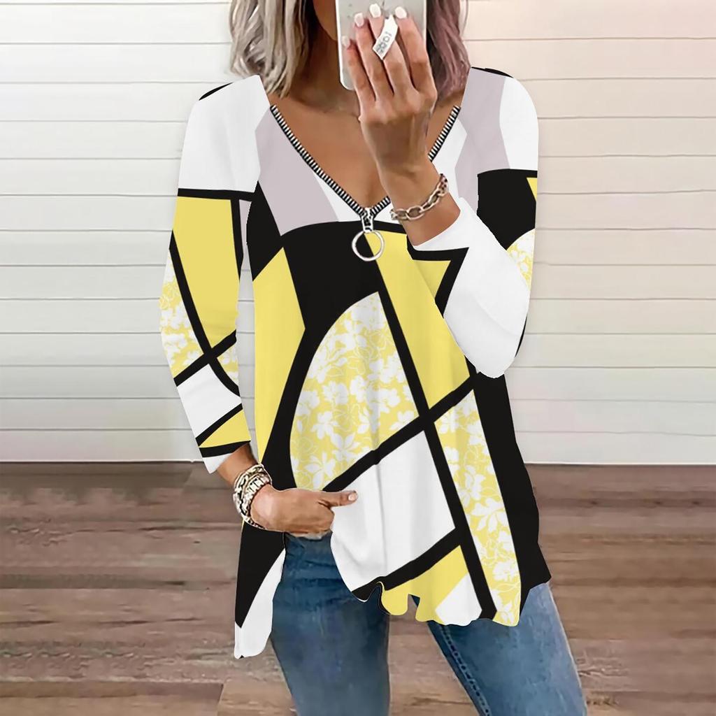 Women's Fashion Casual Zipper V- Neck Irregular Striped Geometric Print Long Sleeve Jacket