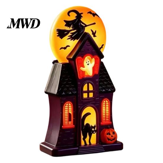 Outdoor Halloween Yard Displays Haunted House Blow Mold Light, Vintage Pre-Lit Mansion Decor with Glowing Witch Spooky Atmosphere Party Lights