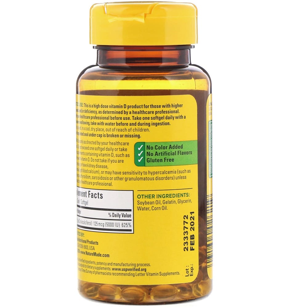 Nature Made D3 Extra Sterkte 125mcg (5000 IE) Softgels, 90 Stuks