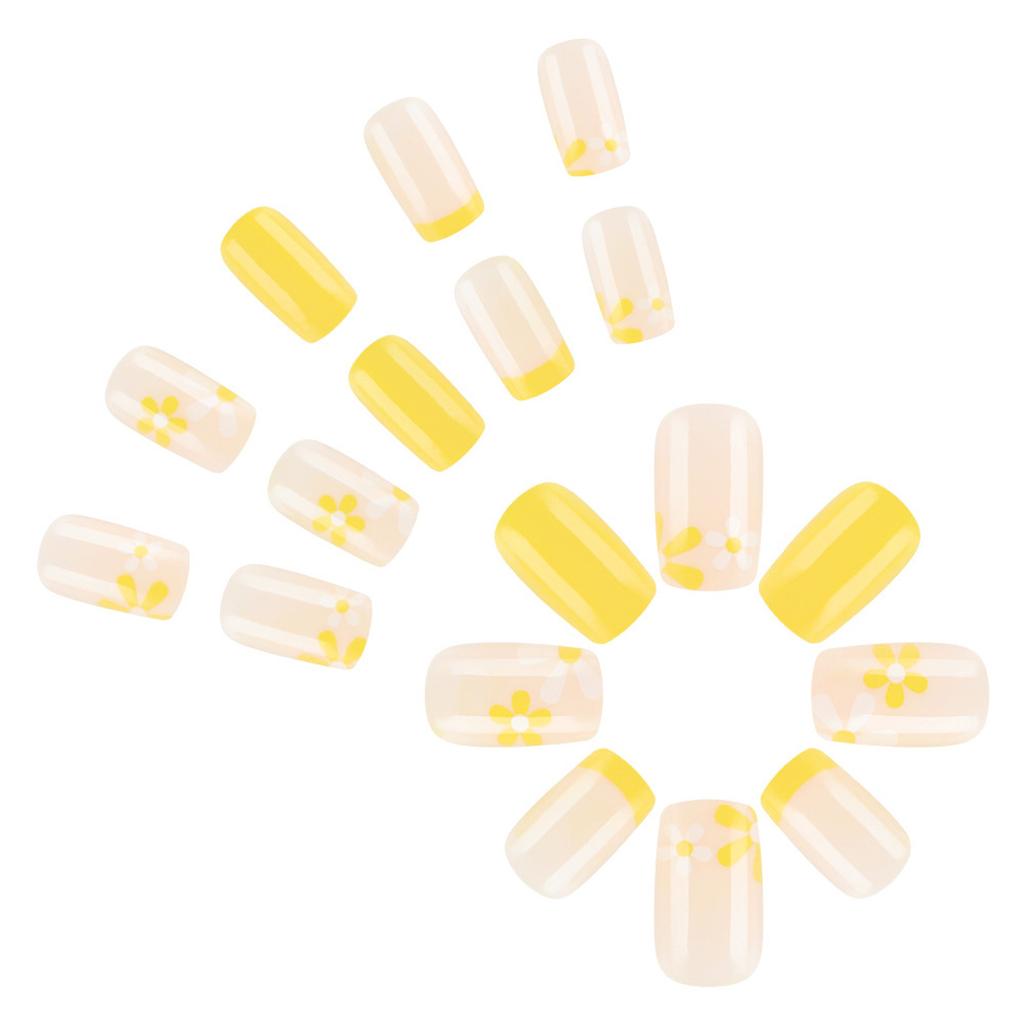 24 Pcs Short Square False Nail Flowers Artificial Nail Yellow French Tip Stick On Nail Glossy Press On Nail for Woman