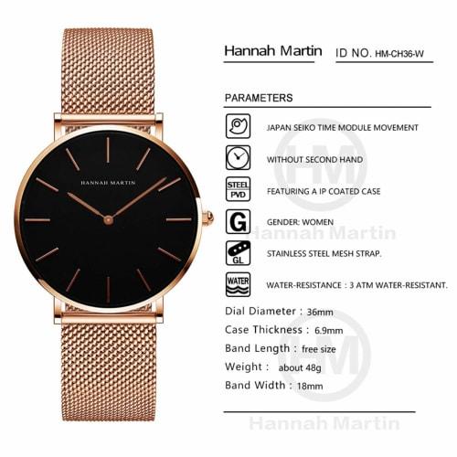 HANNAH MARTIN Women's Analog Quartz Watch in Rose Gold with Stainless Steel and Mesh Band, Waterproof with Inspirational Cuff Bracelet, Black Gold, Qu
