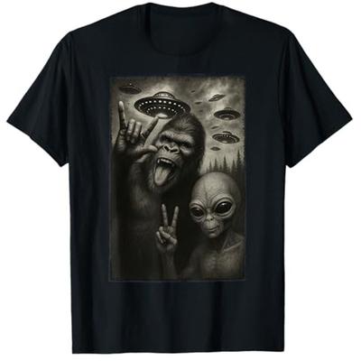 HOT SALE Fun Selfie of Bigfoot Bigfoot Hand Logo On A Stone UFO Tshirt Bigfoot and Alien Enthusiast Y2k Graphic Tshirt